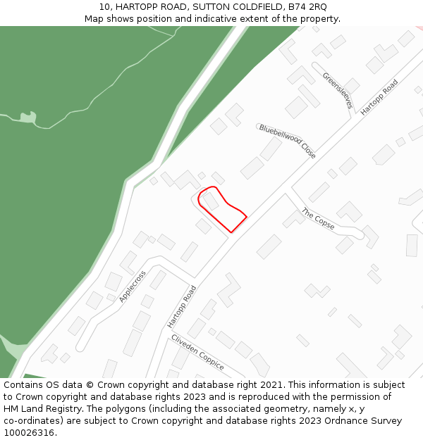 10, HARTOPP ROAD, SUTTON COLDFIELD, B74 2RQ: Location map and indicative extent of plot