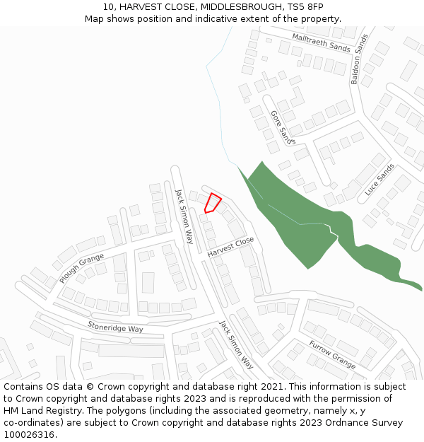 10, HARVEST CLOSE, MIDDLESBROUGH, TS5 8FP: Location map and indicative extent of plot