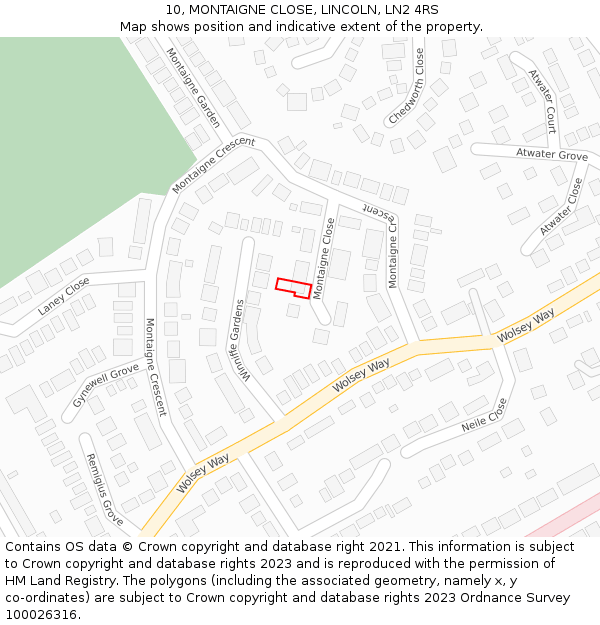 10, MONTAIGNE CLOSE, LINCOLN, LN2 4RS: Location map and indicative extent of plot