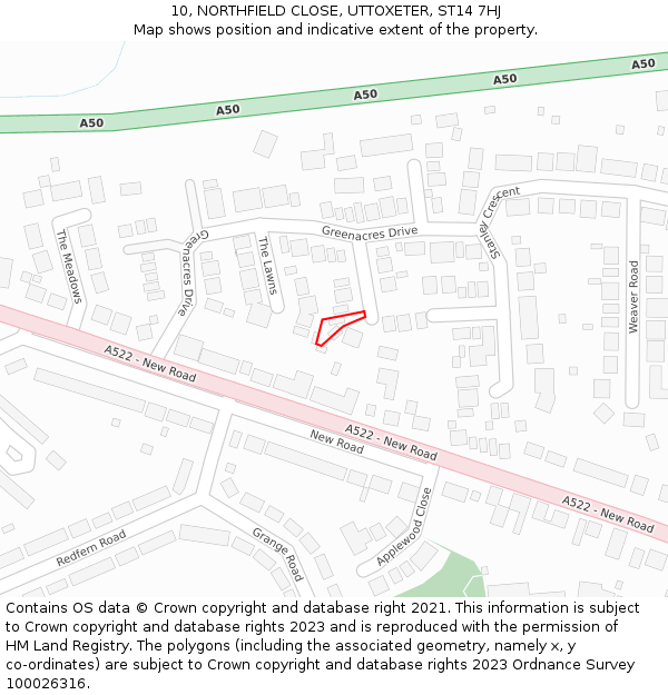 10, NORTHFIELD CLOSE, UTTOXETER, ST14 7HJ: Location map and indicative extent of plot