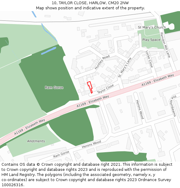 10, TAYLOR CLOSE, HARLOW, CM20 2NW: Location map and indicative extent of plot
