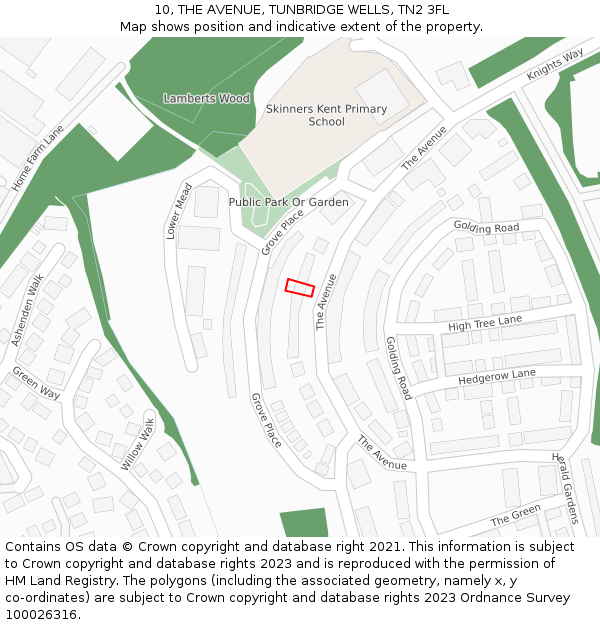 10, THE AVENUE, TUNBRIDGE WELLS, TN2 3FL: Location map and indicative extent of plot