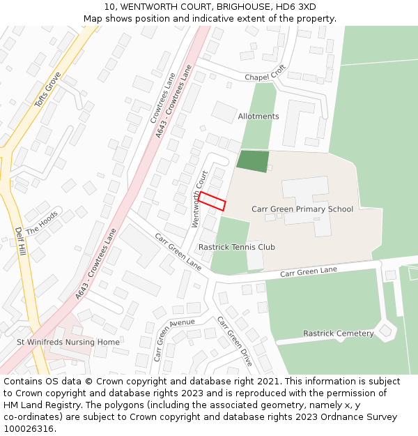 10, WENTWORTH COURT, BRIGHOUSE, HD6 3XD: Location map and indicative extent of plot