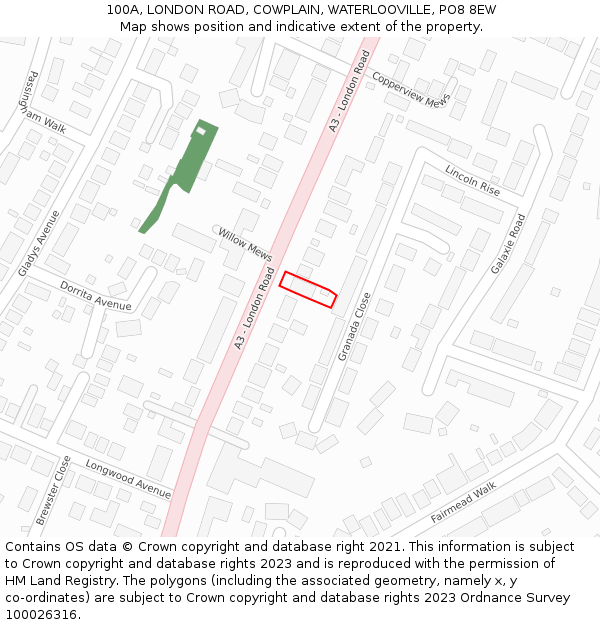 100A, LONDON ROAD, COWPLAIN, WATERLOOVILLE, PO8 8EW: Location map and indicative extent of plot