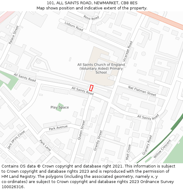 101, ALL SAINTS ROAD, NEWMARKET, CB8 8ES: Location map and indicative extent of plot