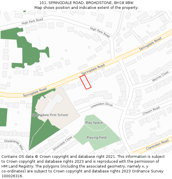 101, SPRINGDALE ROAD, BROADSTONE, BH18 9BW: Location map and indicative extent of plot