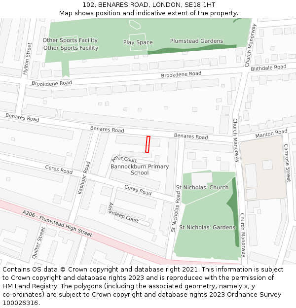 102, BENARES ROAD, LONDON, SE18 1HT: Location map and indicative extent of plot