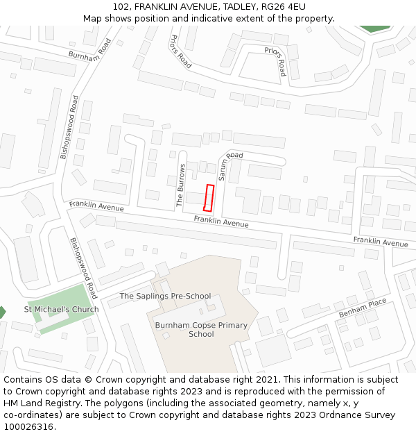 102, FRANKLIN AVENUE, TADLEY, RG26 4EU: Location map and indicative extent of plot