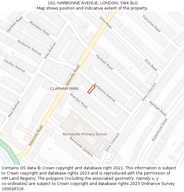 102, NARBONNE AVENUE, LONDON, SW4 9LG: Location map and indicative extent of plot