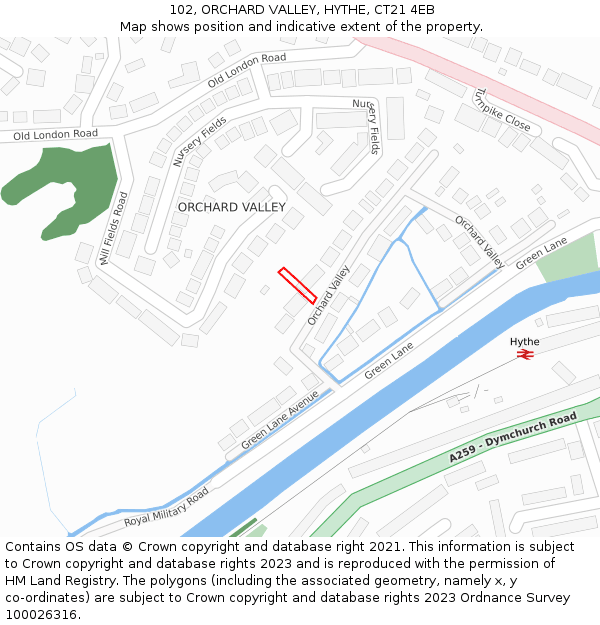 102, ORCHARD VALLEY, HYTHE, CT21 4EB: Location map and indicative extent of plot