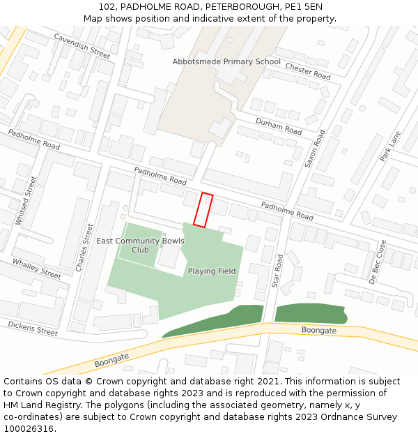 102, PADHOLME ROAD, PETERBOROUGH, PE1 5EN: Location map and indicative extent of plot