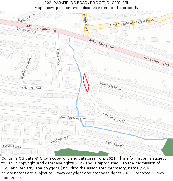 102, PARKFIELDS ROAD, BRIDGEND, CF31 4BL: Location map and indicative extent of plot