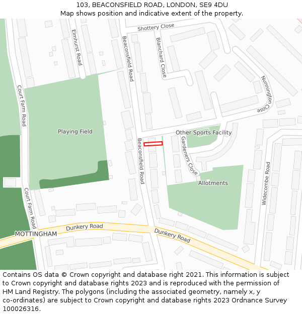 103, BEACONSFIELD ROAD, LONDON, SE9 4DU: Location map and indicative extent of plot