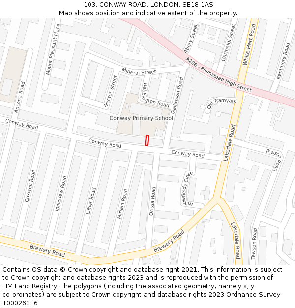 103, CONWAY ROAD, LONDON, SE18 1AS: Location map and indicative extent of plot