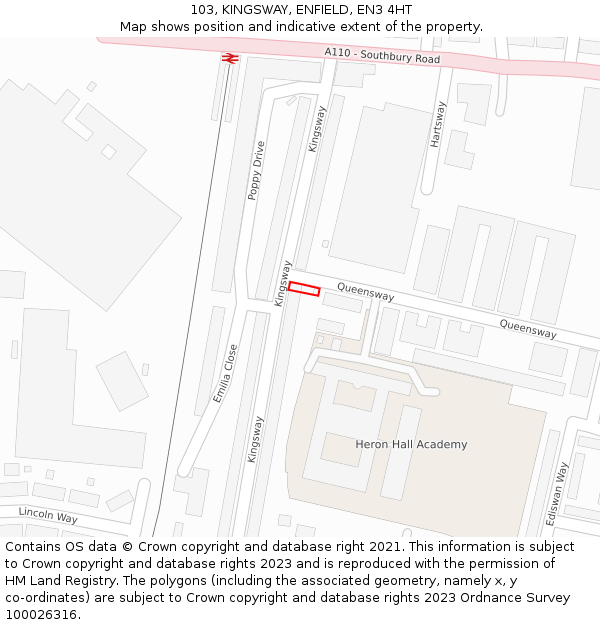 103, KINGSWAY, ENFIELD, EN3 4HT: Location map and indicative extent of plot