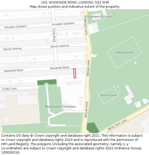 103, WOODSIDE ROAD, LONDON, N22 5HR: Location map and indicative extent of plot