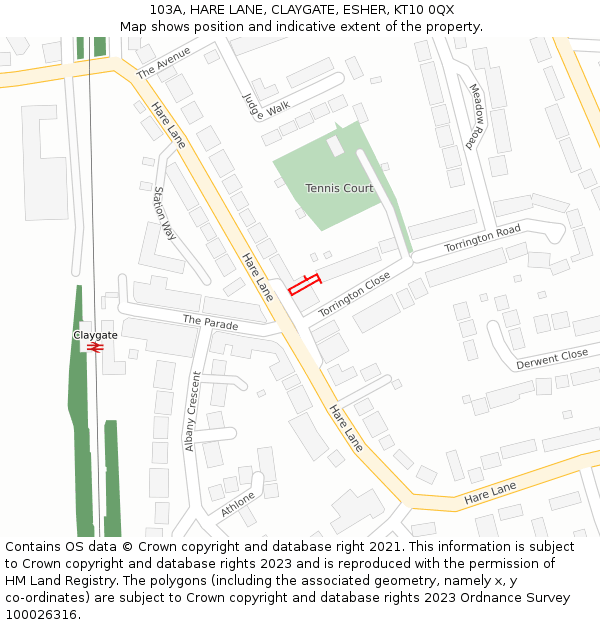 103A, HARE LANE, CLAYGATE, ESHER, KT10 0QX: Location map and indicative extent of plot