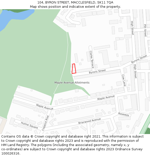 104, BYRON STREET, MACCLESFIELD, SK11 7QA: Location map and indicative extent of plot