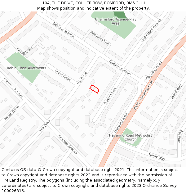 104, THE DRIVE, COLLIER ROW, ROMFORD, RM5 3UH: Location map and indicative extent of plot