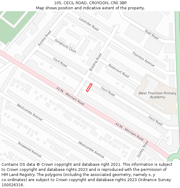 105, CECIL ROAD, CROYDON, CR0 3BP: Location map and indicative extent of plot