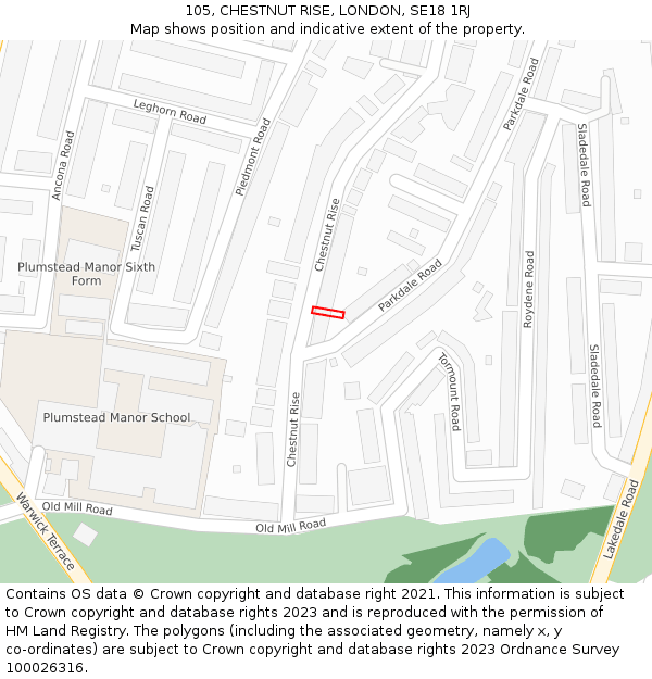 105, CHESTNUT RISE, LONDON, SE18 1RJ: Location map and indicative extent of plot