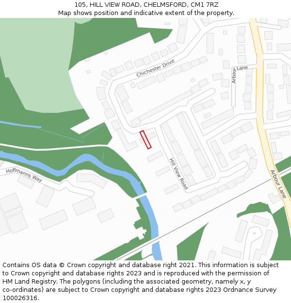 105, HILL VIEW ROAD, CHELMSFORD, CM1 7RZ: Location map and indicative extent of plot