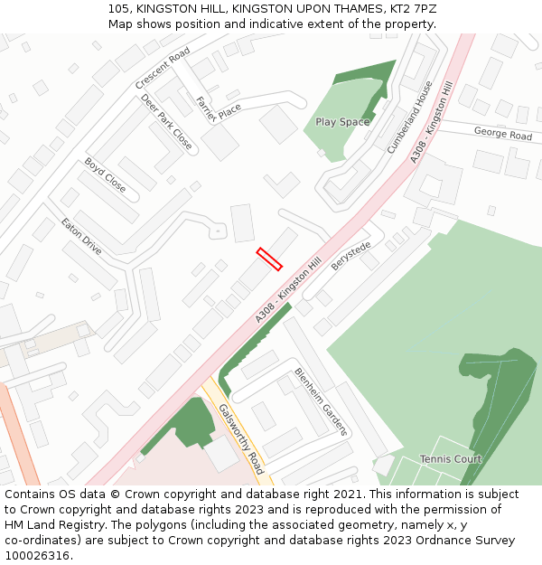 105, KINGSTON HILL, KINGSTON UPON THAMES, KT2 7PZ: Location map and indicative extent of plot