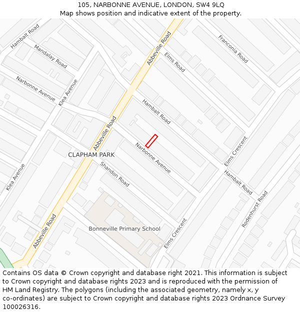 105, NARBONNE AVENUE, LONDON, SW4 9LQ: Location map and indicative extent of plot