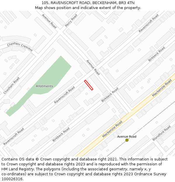 105, RAVENSCROFT ROAD, BECKENHAM, BR3 4TN: Location map and indicative extent of plot