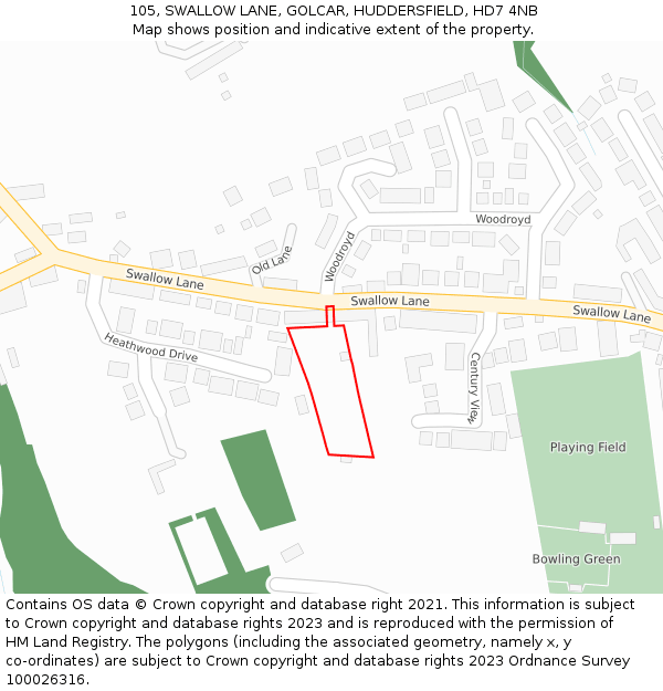 105, SWALLOW LANE, GOLCAR, HUDDERSFIELD, HD7 4NB: Location map and indicative extent of plot