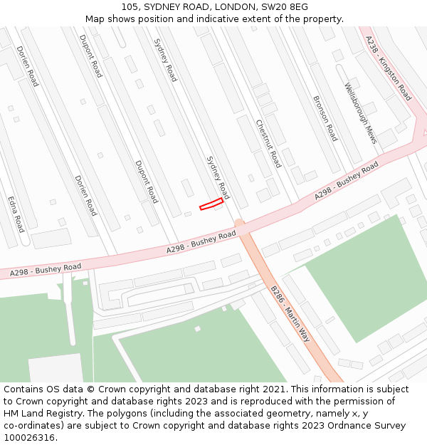 105, SYDNEY ROAD, LONDON, SW20 8EG: Location map and indicative extent of plot