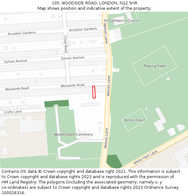 105, WOODSIDE ROAD, LONDON, N22 5HR: Location map and indicative extent of plot