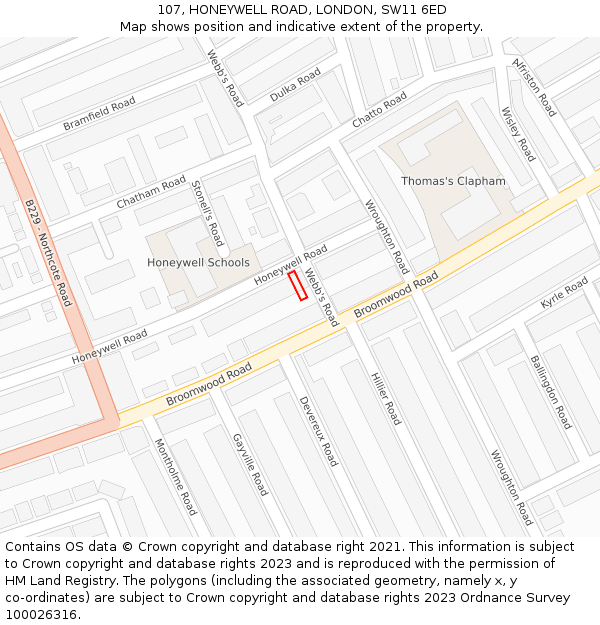 107, HONEYWELL ROAD, LONDON, SW11 6ED: Location map and indicative extent of plot