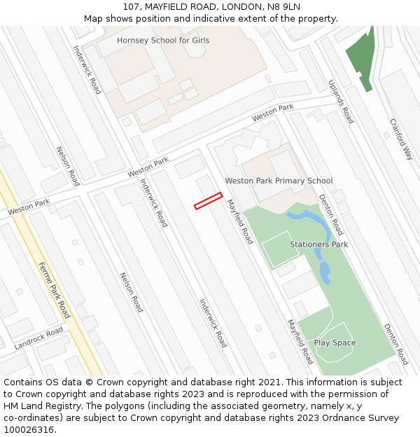107, MAYFIELD ROAD, LONDON, N8 9LN: Location map and indicative extent of plot