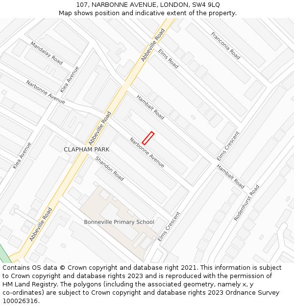 107, NARBONNE AVENUE, LONDON, SW4 9LQ: Location map and indicative extent of plot
