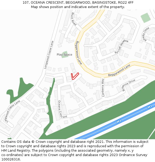 107, OCEANA CRESCENT, BEGGARWOOD, BASINGSTOKE, RG22 4FF: Location map and indicative extent of plot