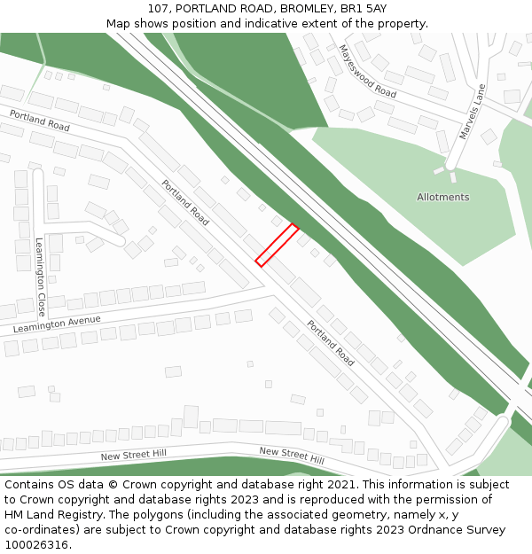 107, PORTLAND ROAD, BROMLEY, BR1 5AY: Location map and indicative extent of plot