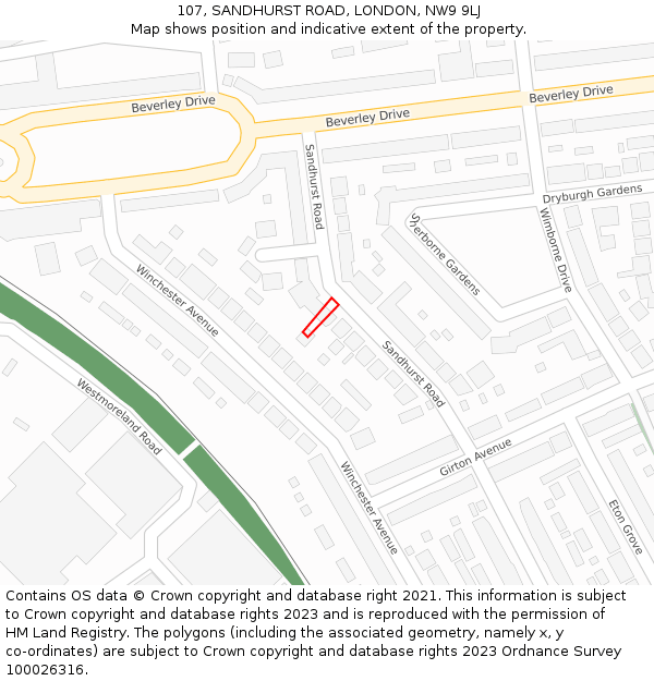 107, SANDHURST ROAD, LONDON, NW9 9LJ: Location map and indicative extent of plot