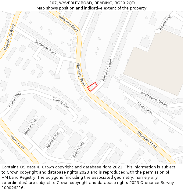 107, WAVERLEY ROAD, READING, RG30 2QD: Location map and indicative extent of plot
