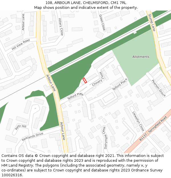 108, ARBOUR LANE, CHELMSFORD, CM1 7RL: Location map and indicative extent of plot