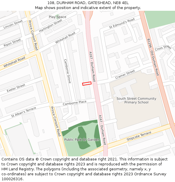108, DURHAM ROAD, GATESHEAD, NE8 4EL: Location map and indicative extent of plot