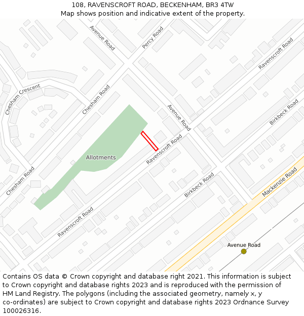 108, RAVENSCROFT ROAD, BECKENHAM, BR3 4TW: Location map and indicative extent of plot