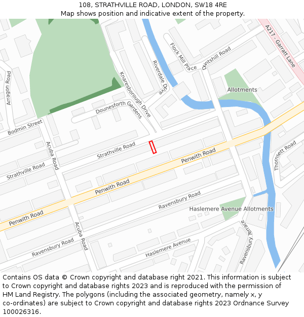 108, STRATHVILLE ROAD, LONDON, SW18 4RE: Location map and indicative extent of plot