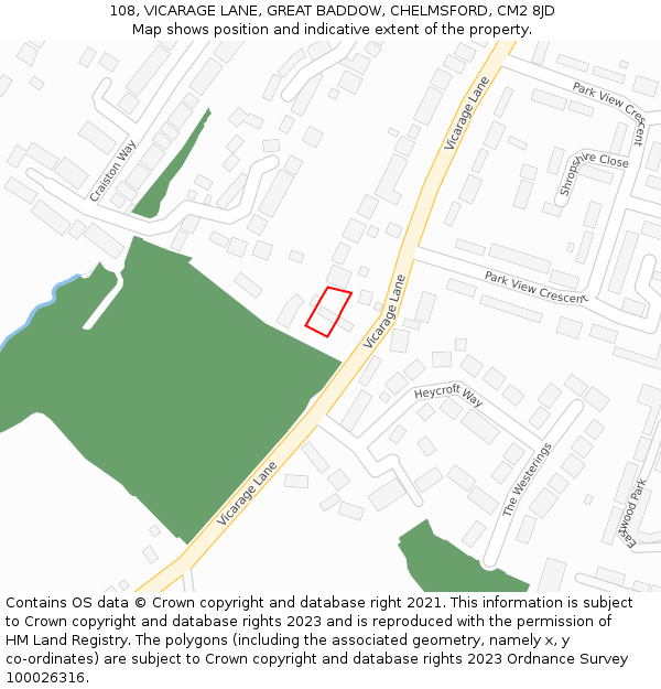 108, VICARAGE LANE, GREAT BADDOW, CHELMSFORD, CM2 8JD: Location map and indicative extent of plot