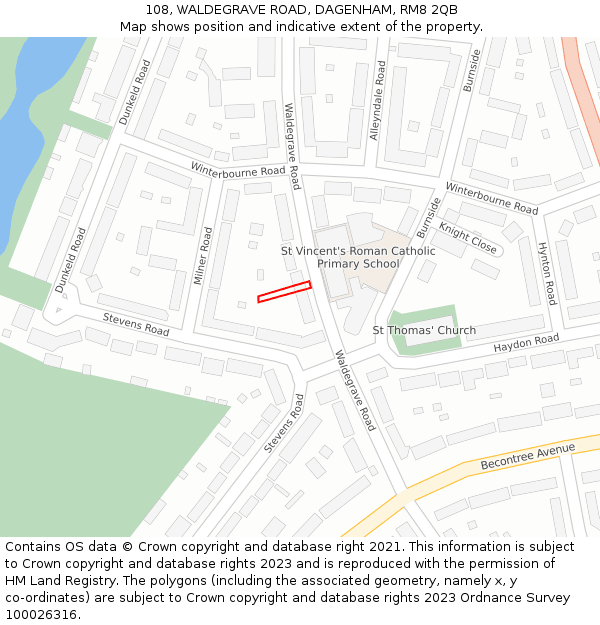 108, WALDEGRAVE ROAD, DAGENHAM, RM8 2QB: Location map and indicative extent of plot