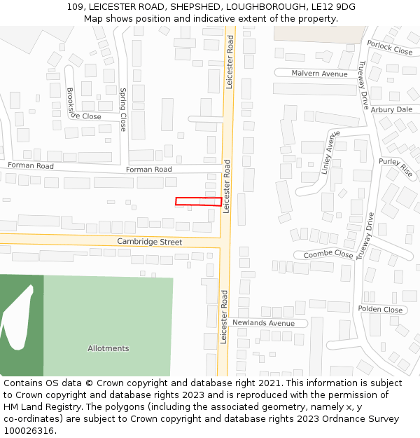 109, LEICESTER ROAD, SHEPSHED, LOUGHBOROUGH, LE12 9DG: Location map and indicative extent of plot
