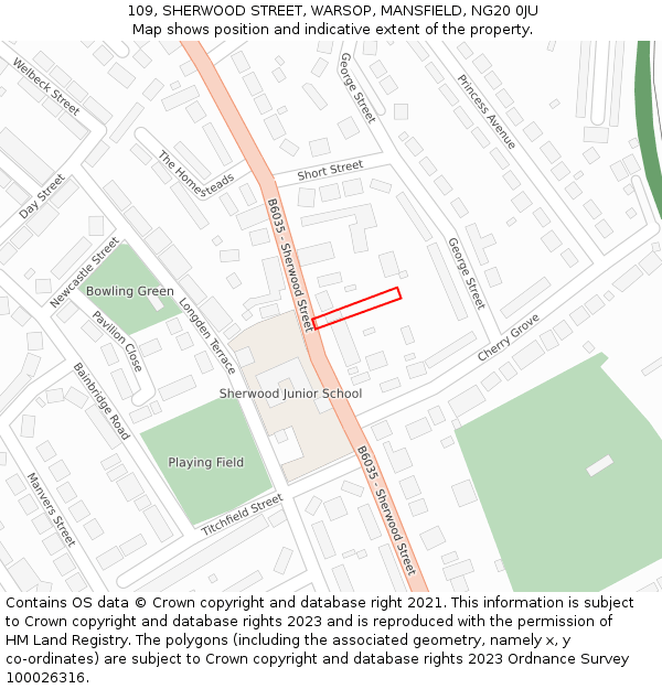 109, SHERWOOD STREET, WARSOP, MANSFIELD, NG20 0JU: Location map and indicative extent of plot