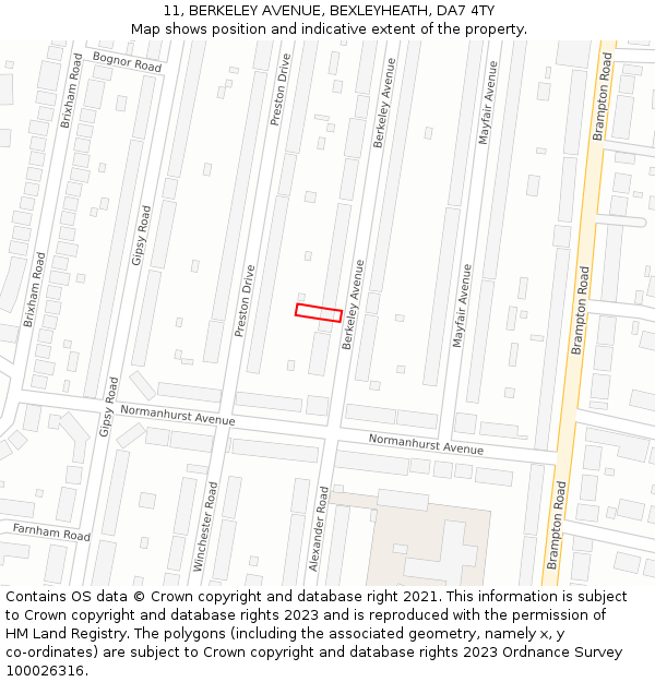 11, BERKELEY AVENUE, BEXLEYHEATH, DA7 4TY: Location map and indicative extent of plot