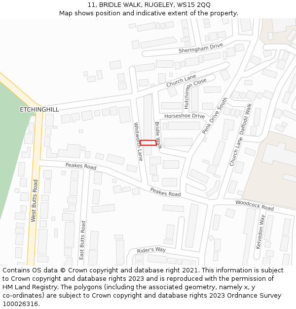 11, BRIDLE WALK, RUGELEY, WS15 2QQ: Location map and indicative extent of plot
