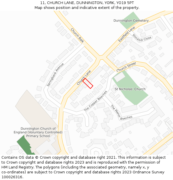 11, CHURCH LANE, DUNNINGTON, YORK, YO19 5PT: Location map and indicative extent of plot